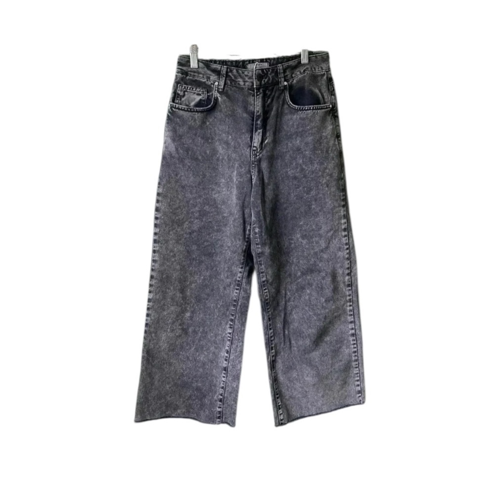 Bershka Wide Leg Jeans Women Size 8 Gray Black Acid Wash NWOT